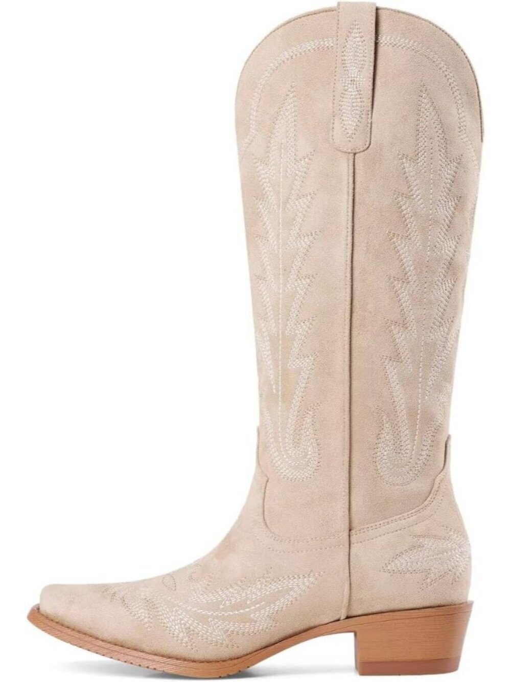 Women's Suede Khaki Knee High Boots Wide Calf Retro Chunky Heel Pointed Toe - Picture 4 of 6